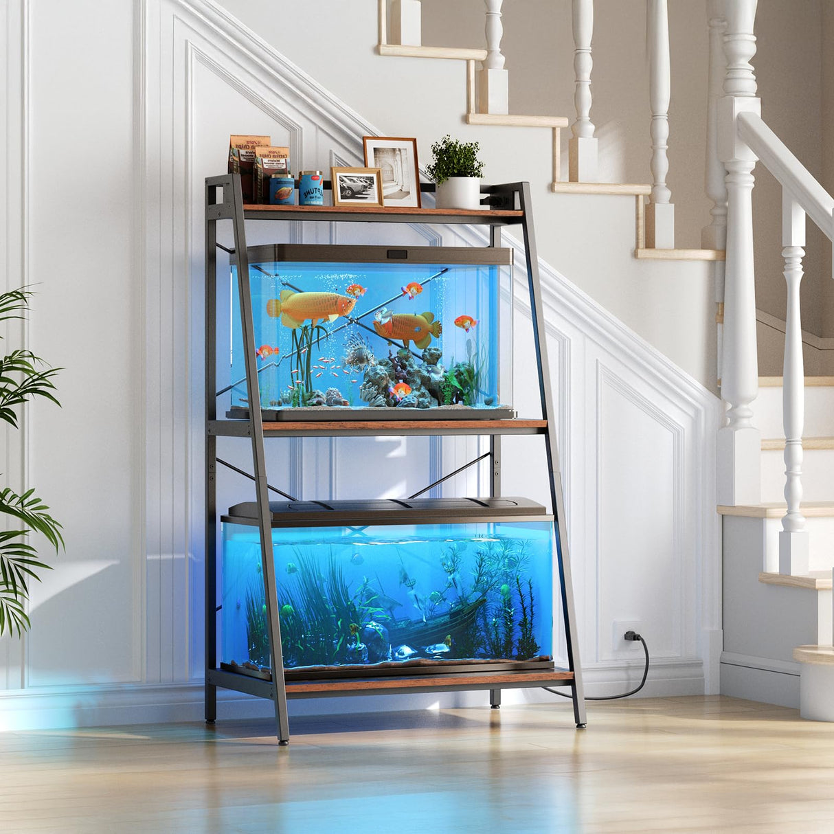 Herture 20-29 Gallon Fish Tank Stand with Shelf, Metal Frame Aquarium Stand with Storage and Power Outlet, for 2 x 20 Gallon Long Aquarium,30.7" L*18.26" W Reptile Tank Rustic Brown PG09YGN Herture