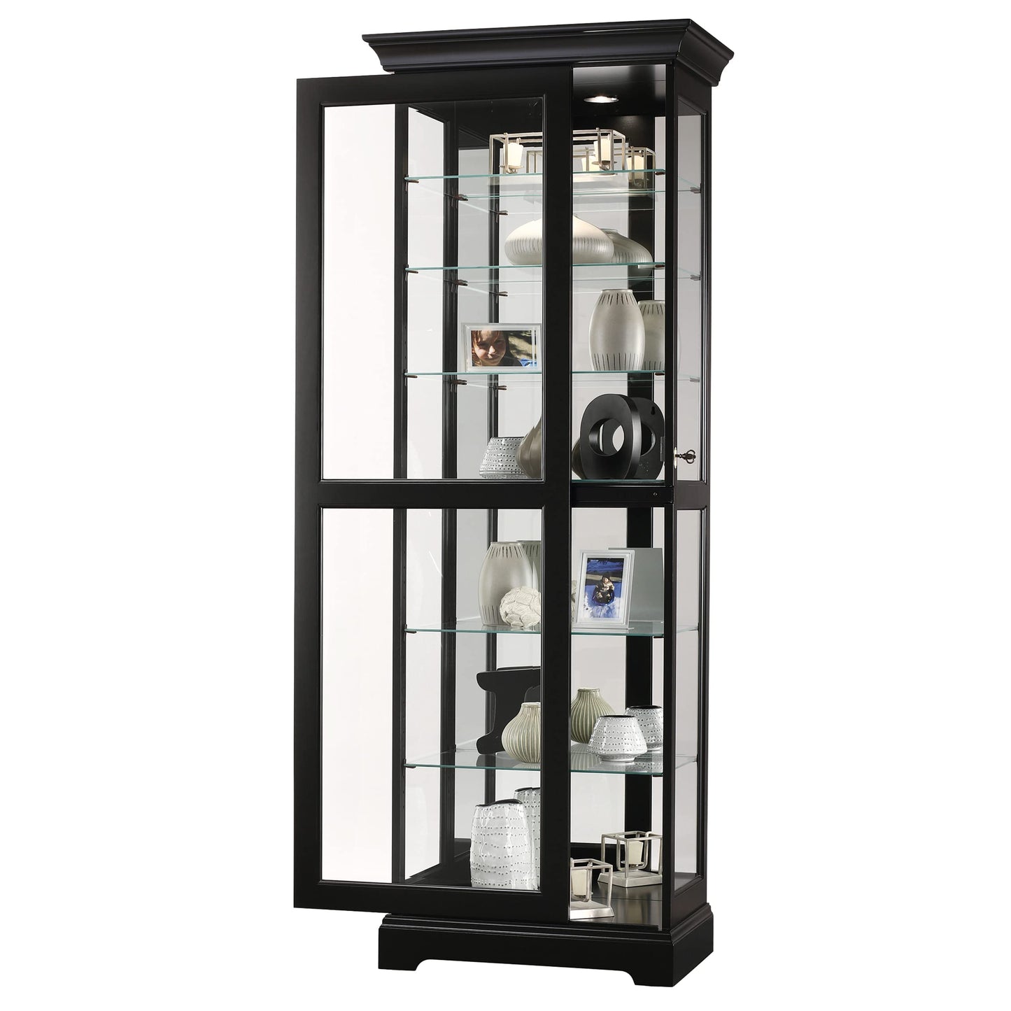 Howard Miller Dulbecco II Curio Cabinet, Black Finishing with Vertical Plate Decor Adjustable Glass Shelves, Illuminated Display for Dining Area & Living Room, Durable Curio Cabinets