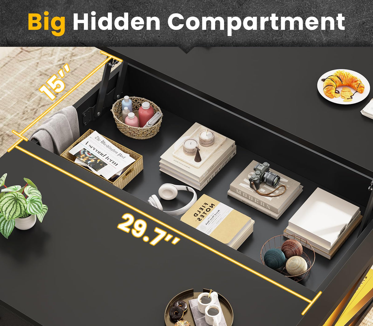 Itaar 31.5" Lift Top Coffee Table with Storage, Square Coffee Tables for Living Room, Coffee Table with 2 Fabric Drawers & Large Storage Shelvs, Black Itaar