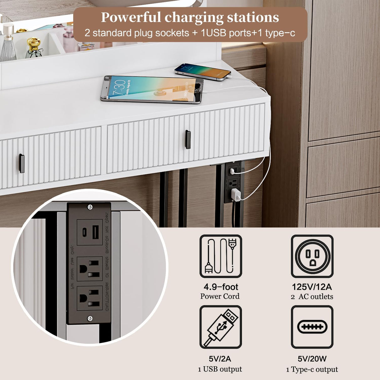 Large Vanity Desk with 3 Color Touch Screen Dimming Mirror, Vanity Desk with Charging Station, Modern Retractable Makeup Dressing Table, Vanity Table With storage shelves and 5 Sliding Drawers, White YYJ