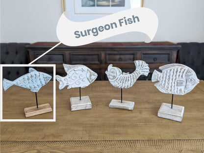 Wooden Fish Sculpture Home Decor | Surgeon Fish Statue on Base Stand | Coastal Beach House Decor Art Piece | Rustic Centerpiece Table Decor for Office, Living Room (Surgeon Fish)