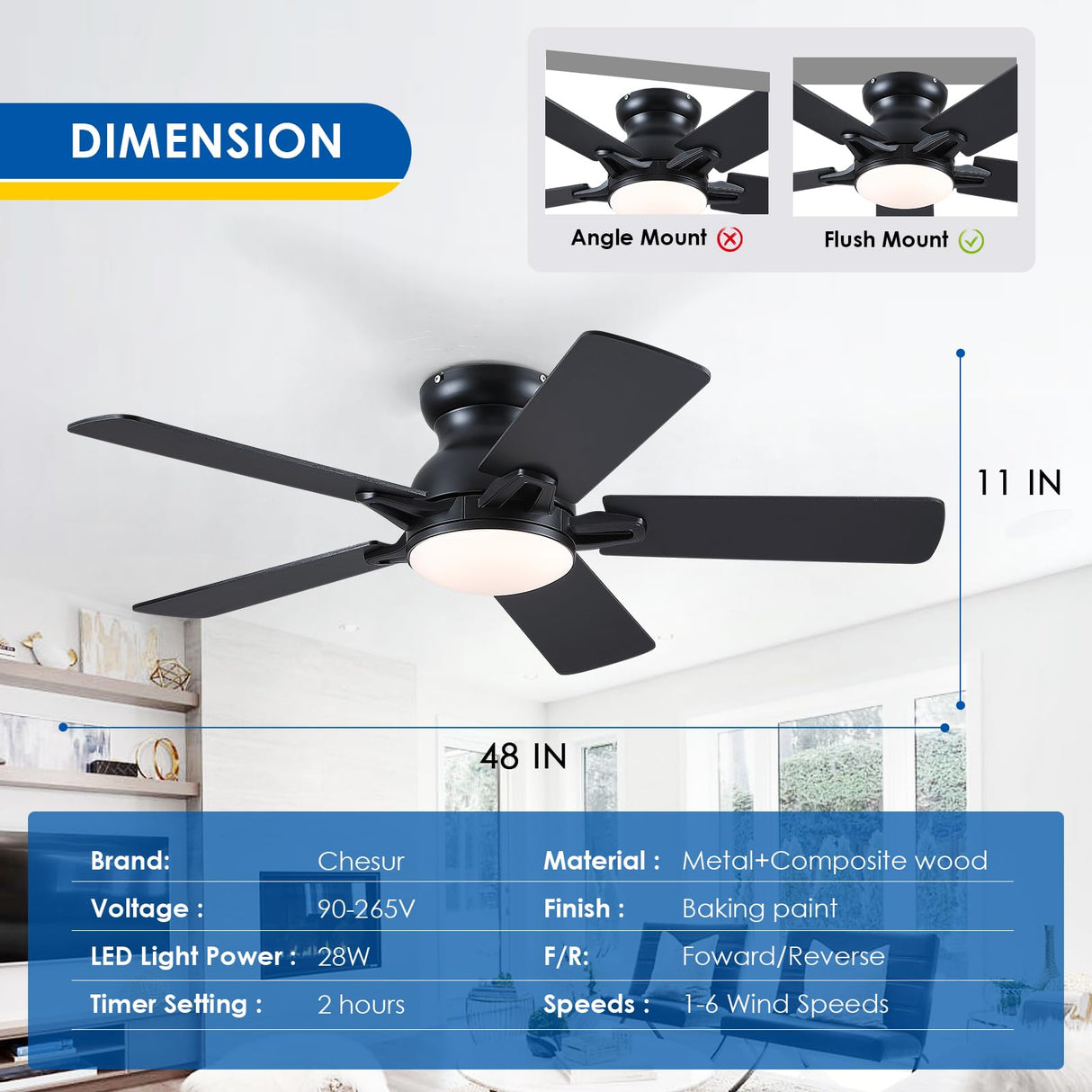 CHESUR 48In Ceiling Fans with Lights Flush Mount - Black Low Profile Ceiling Fan with 5 Dual-Sided Blades, Reversible and 6 Speeds, Indoor/Outdoor Ceiling Fan for Modern Living Room, Bedroom, Patios CHESUR