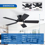 CHESUR 48In Ceiling Fans with Lights Flush Mount - Black Low Profile Ceiling Fan with 5 Dual-Sided Blades, Reversible and 6 Speeds, Indoor/Outdoor Ceiling Fan for Modern Living Room, Bedroom, Patios CHESUR