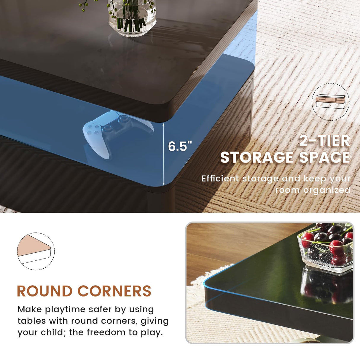 YISUFO 40" Modern Living Room Tables, LED Coffee Table with LED Lights, 2 Tier Rectangular Center Table with Large Storage, High Glossy Surface, Tea Table for Living Room, Black YISUFO