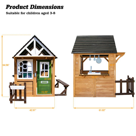 YOFE Kids Playhouse Outdoor, Wooden Play House Playset with Kitchen, Fence, Bench, Dog Door, Doorbell & Flower Pot,Fun Backyard Cottage for Ages 3-8 (Green) YOFE