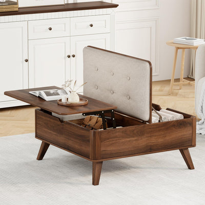 VOPEAK Lift Top Coffee Table with Storage, Large Square Coffee Table with Thickened Cushion, Family Gathering Center Table, Modern Wooden Coffee Tables for Living Room, Solid Wood Legs, Walnut