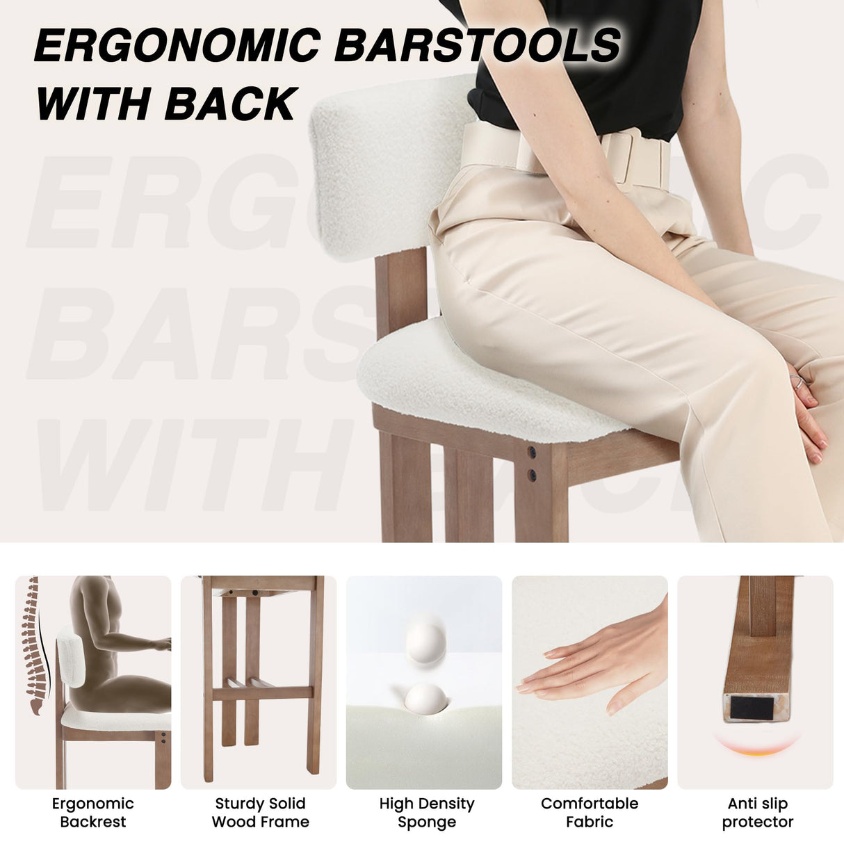 HNY 26 Inch Farmhouse Counter Stools Set of 4 with Curved Back, Modern Sherpa Boucle Upholstered Counter Height Bar Stools, Tall Kitchen Bar Chairs with Solid Wood Frame for Island Countertop, White HNY