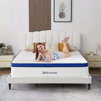 Zeelovtress California King Mattress 14 Inch, Cooling Gel Memory Foam and Pocketed Coils Hybrid Mattress, with Luxury Lyocell Fabric, Medium Firm Feeling for Pressure Relief, Packed in a Box