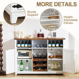 EROMMY Farmhouse Wine Bar Cabinet, 51" Sideboard Buffet Cabinet with Detachable Wine Rack and 3 Open Storage Compartments, Rustic Liquor Cabinet for Dining, Living Room, Kitchen, White EROMMY