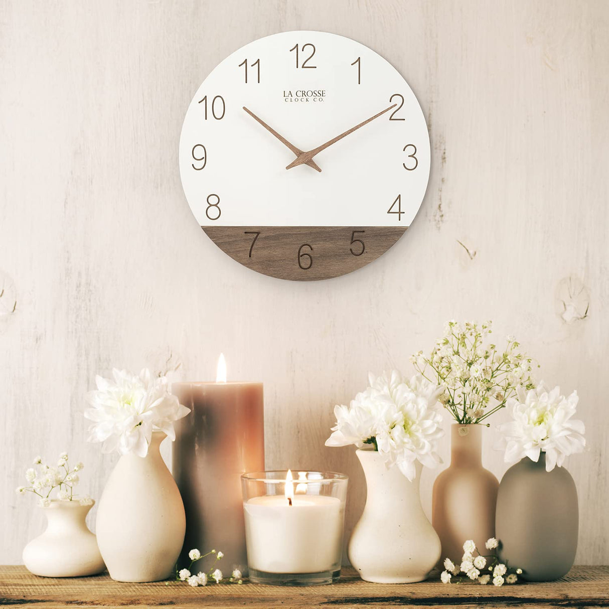 La Crosse 404-3630B 12" Sierra Wood Quartz Analog Wall Clock, White La Crosse