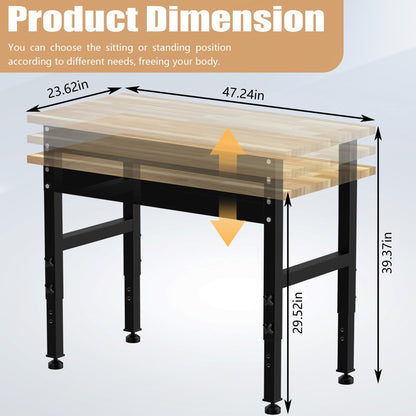 IBXFO 48" Adjustable Workbench, 2000LBS Rubber Wood Top Heavy-Duty Workstation, Suitable for Large Capacity Rubberwood Countertop Workbench for Garage, Office, Workshop