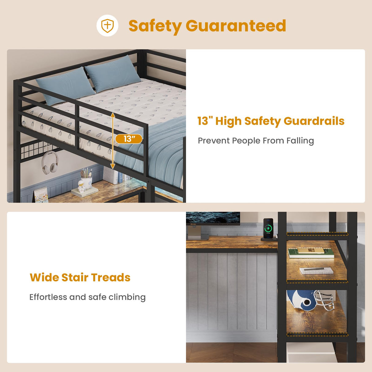 ADORNEVE Loft Bed Full Size with U-Shaped Desk, 6 Storage Drawers, Power Outlet, LED Metal Loft Bed with 2 Storage Shelves, Bed with Safety Guardrail & Ladders, No Box Spring Needed, Rustic Brown ADORNEVE