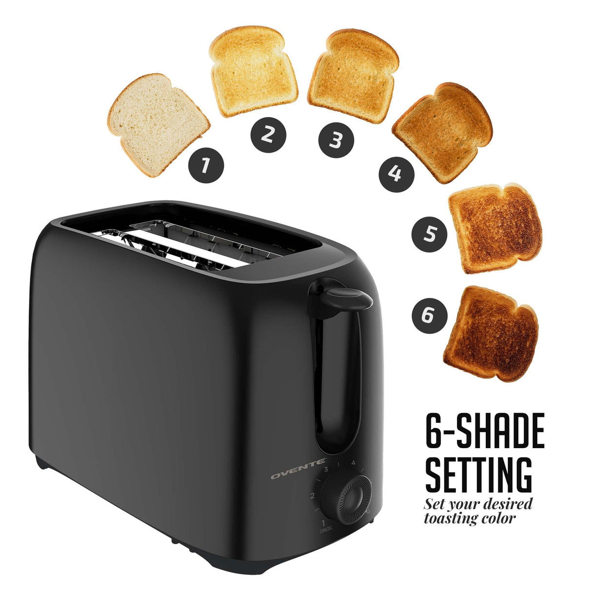 OVENTE Electric 2 Slice Toaster Machine with 6-Shade Toast Settings, 700W Power, Removable Crumb Tray and Compact Design Perfect for Toasting Bread, Bagels, Waffles and Puff Pastry, Black TP2210B OVENTE