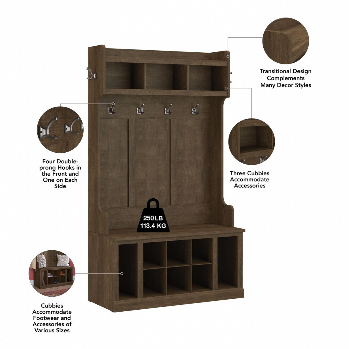 kathy ireland Home by Bush WDL002ABR 71-Inch Hall Tree and Shoe Bench with 12 Shelves, Ash Brown Bush Business Furniture