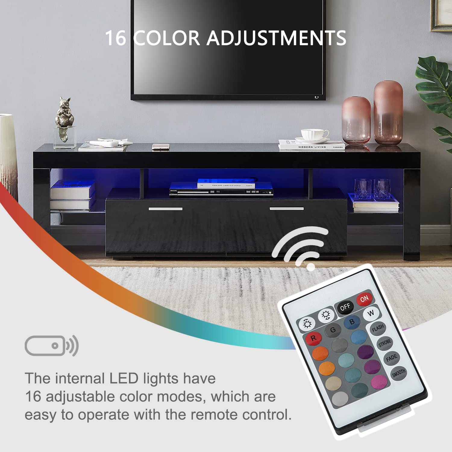 Nrizc Black LED TV Stand for 75 Inch TV, High Gloss TV Entertainment Center with Storage Drawer, TV Console Table for Living Room, Bedroom - WoodArtSupply