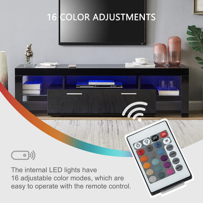 Nrizc Black LED TV Stand for 75 Inch TV, High Gloss TV Entertainment Center with Storage Drawer, TV Console Table for Living Room, Bedroom