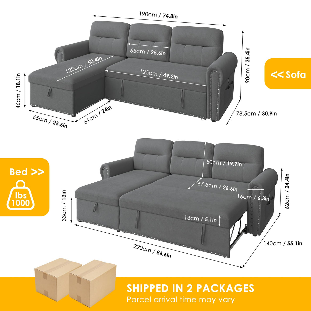 Sleeper Sofa Bed, 87'' Sectional Couch with Reversible Storage Chaise & Nailhead Armrest, Pull Out Couches for Living Room, Side Pocket & Charging Station, Removable Backrest, Velvet Fabric, Dark Grey Keyluv