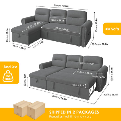 Sleeper Sofa Bed, 87'' Sectional Couch with Reversible Storage Chaise & Nailhead Armrest, Pull Out Couches for Living Room, Side Pocket & Charging Station, Removable Backrest, Velvet Fabric, Dark Grey