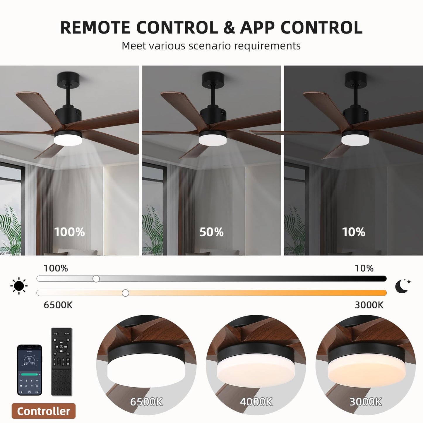 YYEHON 52 Inch Ceiling Fans with Lights and Remote&APP Control,Dimmable,DC Reversible Motor with 5 Wood Colored Blades Ceiling Fan for Living Room,Patio,Bedroom,Farmhouse,Indoor Office