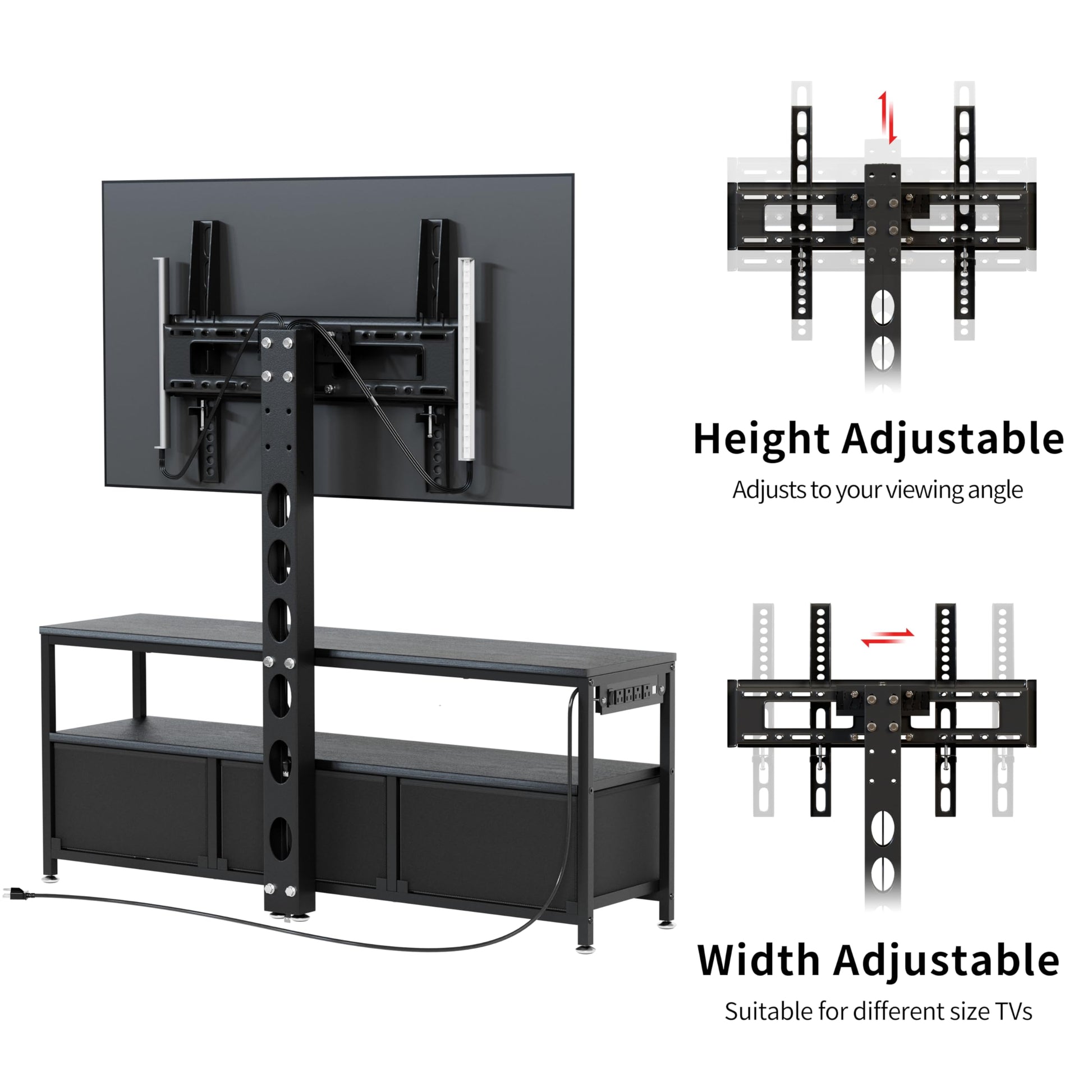 JUSTOGO TV Stand with Mount and Power Outlet, TV Stand Mount with Storage for Living Room, Entertainment Center with LED Lights for 45/55/60/65 inch TVs, Height Adjustable Media Console, Blac - WoodArtSupply