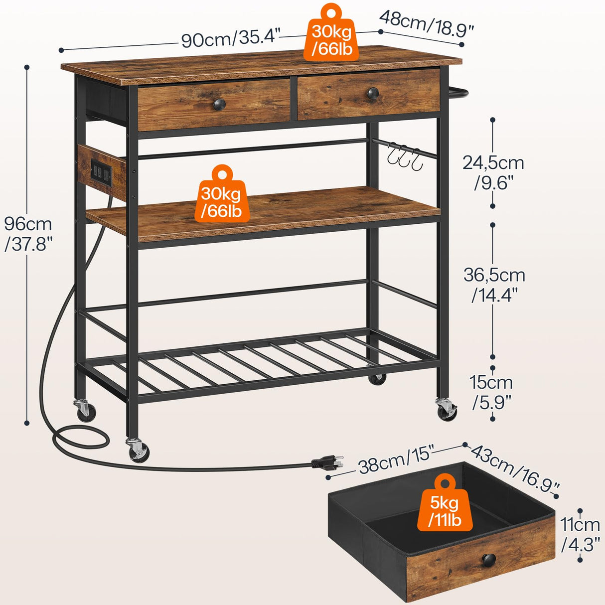 HOOBRO Kitchen Island with Storage, Rolling Island Cart for Kitchen with 2 Drawers & Outlet, 3 Tier Coffee Station and Microwave Stand, Kitchen Island Table for Home, Rustic Brown and Black BF08UZD01 HOOBRO