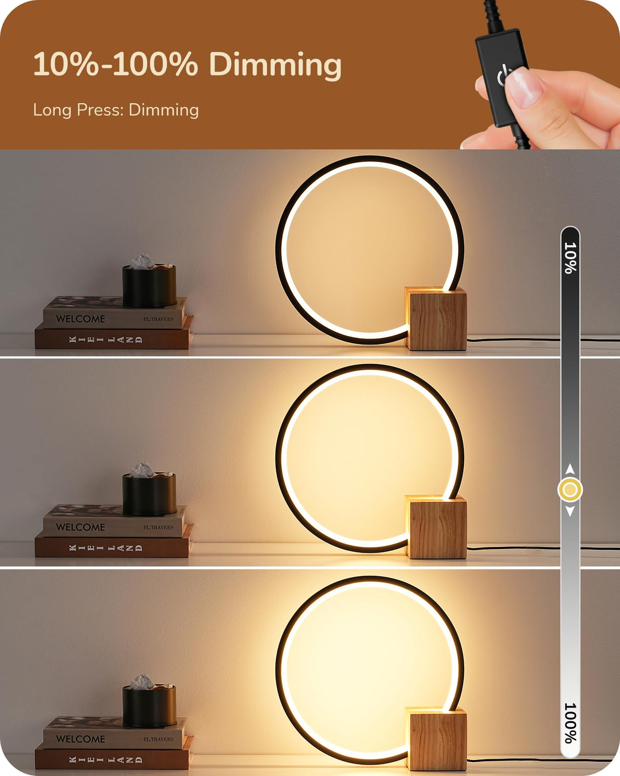 EDISHINE Modern LED Table Lamp, Bedside Lamp with One-Piece Solid Wood Base, 3 Color Temperature & Stepless Dimmable, Nightstand Lamp for Bedroom, Living Room, Reading Room EDISHINE
