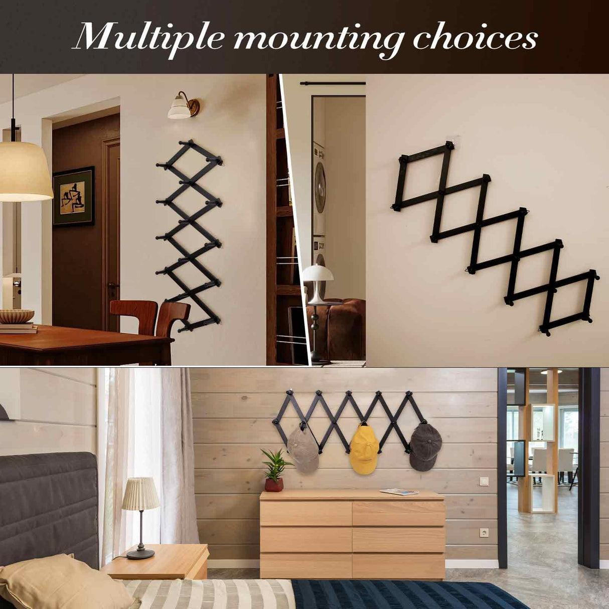 SCUNDA Accordion Wall Hanger with 16 Hooks, Wooden Wall Expandable Coat Rack for Coat, Hats, Baseball Caps, Coffee Mug, Jewelry(Black) SCUNDA