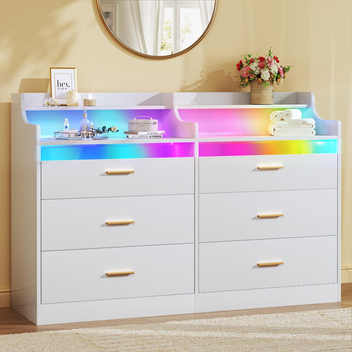 HUAHUU 6 Drawer Dresser for Bedroom, 49''W White Dresser with LED Light, Chest of Drawers with Open Shelf Storage, Double Wide Modern Dresser Organizer for Room, Entryway, Hallway HUAHUU