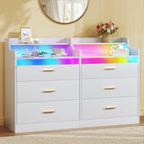HUAHUU 6 Drawer Dresser for Bedroom, 49''W White Dresser with LED Light, Chest of Drawers with Open Shelf Storage, Double Wide Modern Dresser Organizer for Room, Entryway, Hallway HUAHUU