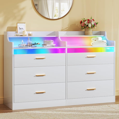 HUAHUU 6 Drawer Dresser for Bedroom, 49''W White Dresser with LED Light, Chest of Drawers with Open Shelf Storage, Double Wide Modern Dresser Organizer for Room, Entryway, Hallway HUAHUU