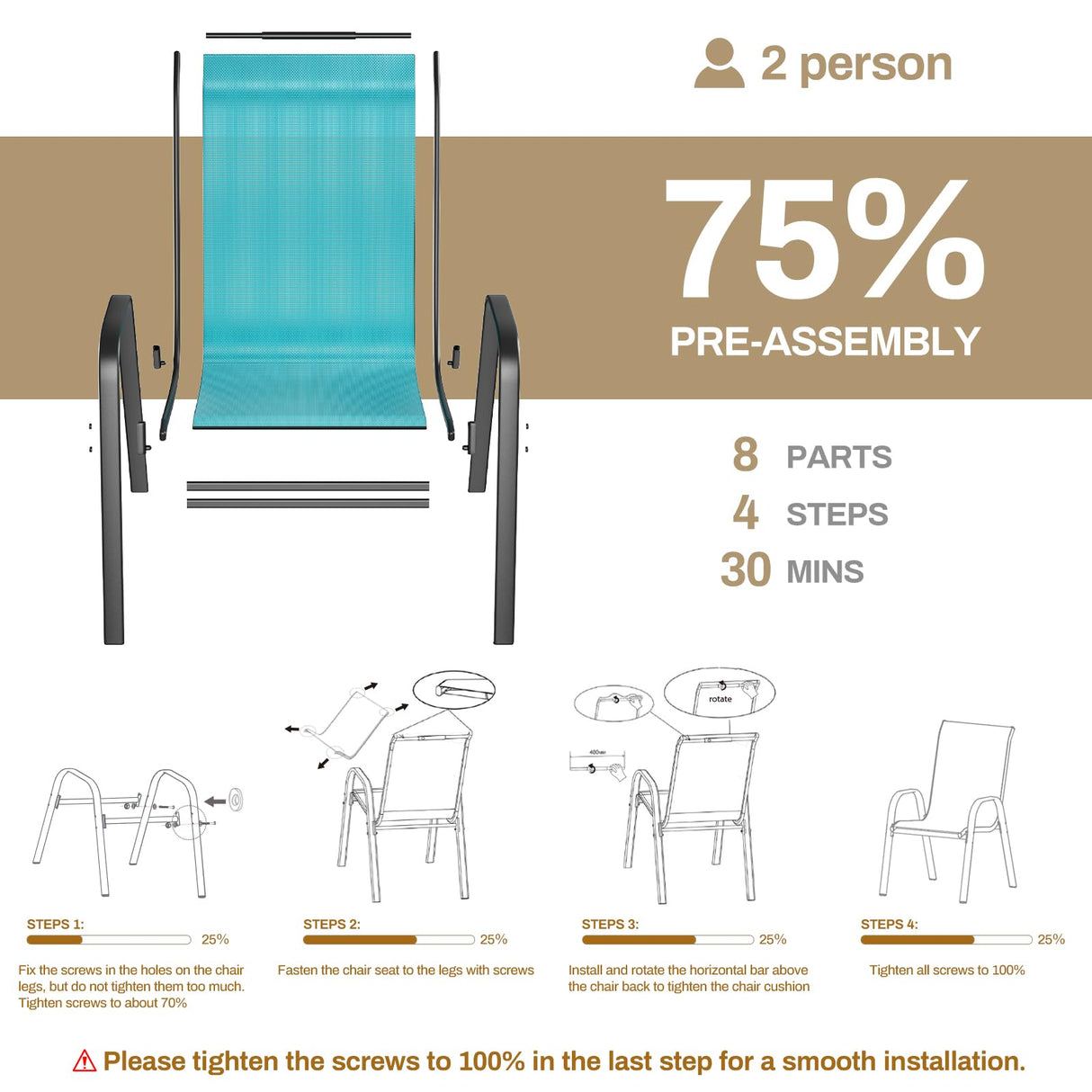 TLSUNNY Patio Dining Set 5 Pieces, All Weather Outdoor Furniture W/30"X 30" Table and 4 Stackable Textilene Chairs, Metal Table and Chairs for Lawn, Garden, Poolside, Backyard (Umbrella not Included) TLSUNNY