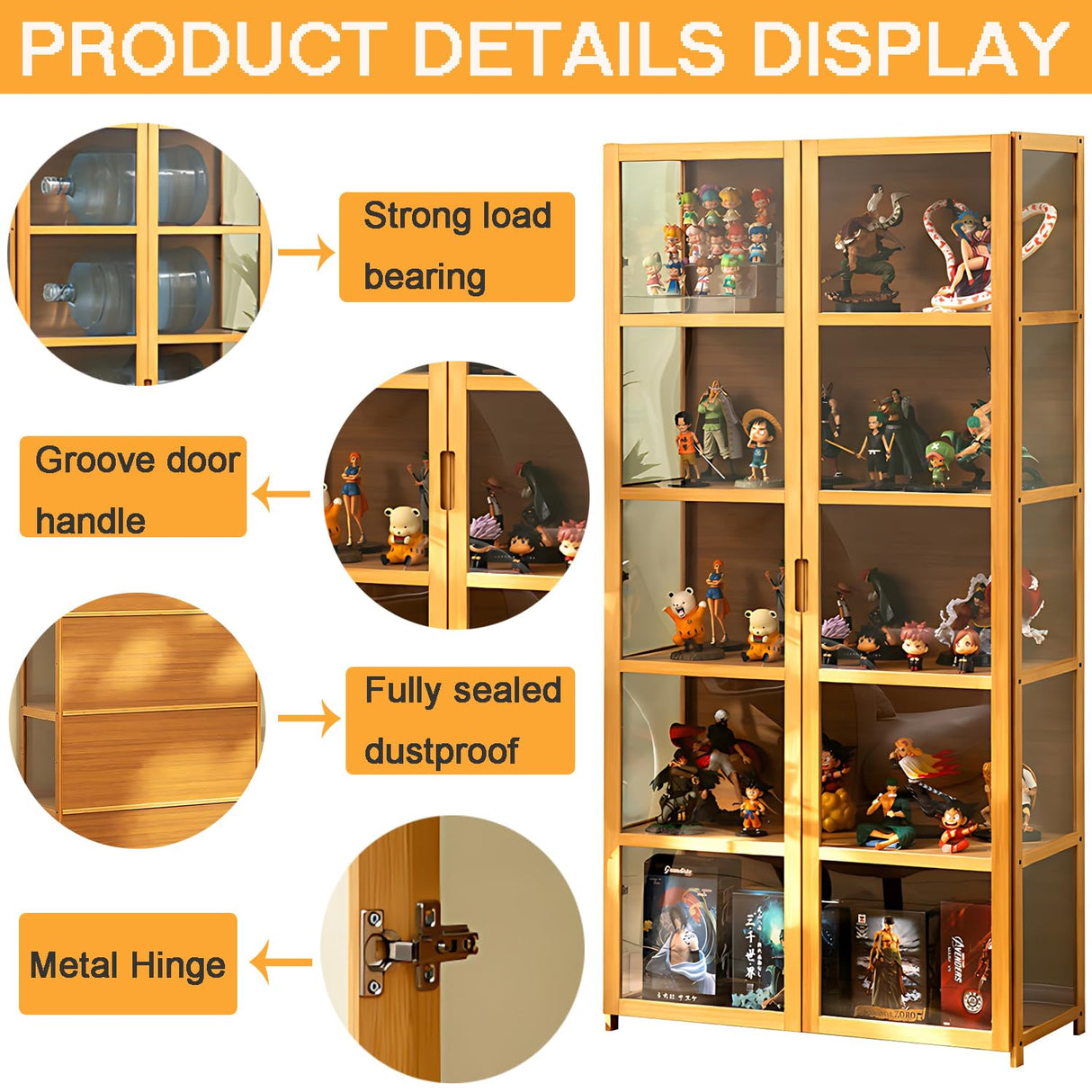 idhhco 5 Tier Curio Display Cabinet, Display Cabinet with Acrylic Glass Door, Collectibles Toy Organizers Rack & Display Shelf, Kids Bookcase for Bedroom, Reading Nook, Toddler's Room, Bamboo idhhco