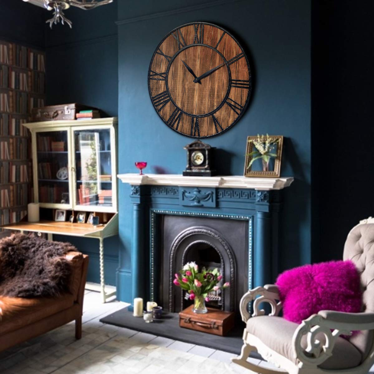 Tangkula 30 Inch Round Wall Clock, Farmhouse Large Wall Clock with Roman Numerals, Decorative Wooden Wall Clock, Come with AA Battery, Rustic Wall Clock Hanging for Home Office (Bronze+Brown) Tangkula