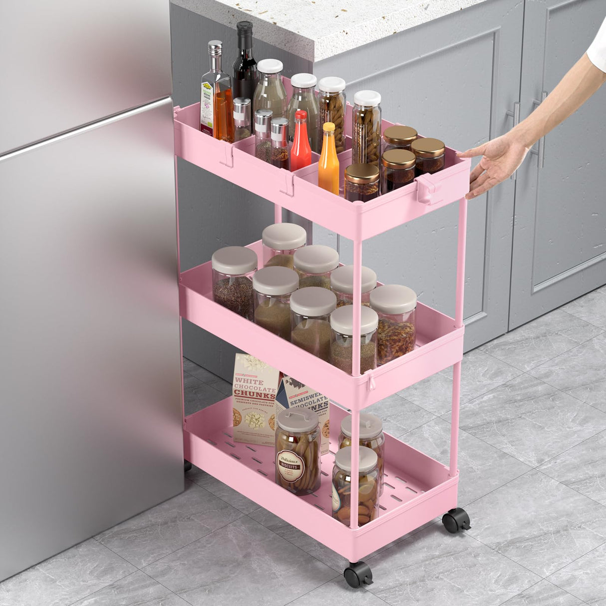 SPACELEAD 3 Tier Rolling Cart with Wheels, Storage Craft Art Trolley Organizer Serving, 3 Hanging Baskets Easy Assembly, for Office, Living Room, Kitchen, Pink SPACELEAD