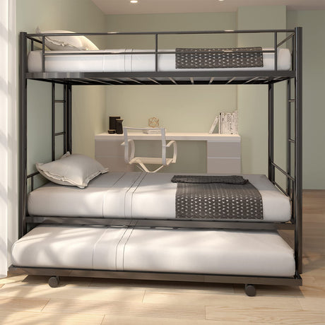 GNIXUU Metal Bunk Bed with Trundle Twin Over Twin Modern Bunk Beds with Slats Heavy Duty Bunkbed Frame for Adults,Teens,Boys and Girls. (Black) GNIXUU