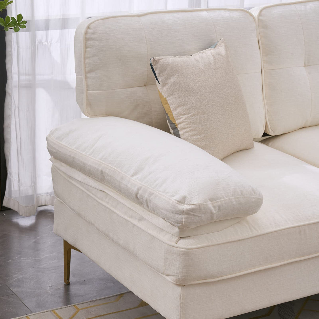 Karl home Sectional Sofa 83" L-Shape Sofa Couch 3-Seat Couch with Chaise ChenilleFabric Upholstered for Living Room, Apartment, Office, Creamy-White Karl home