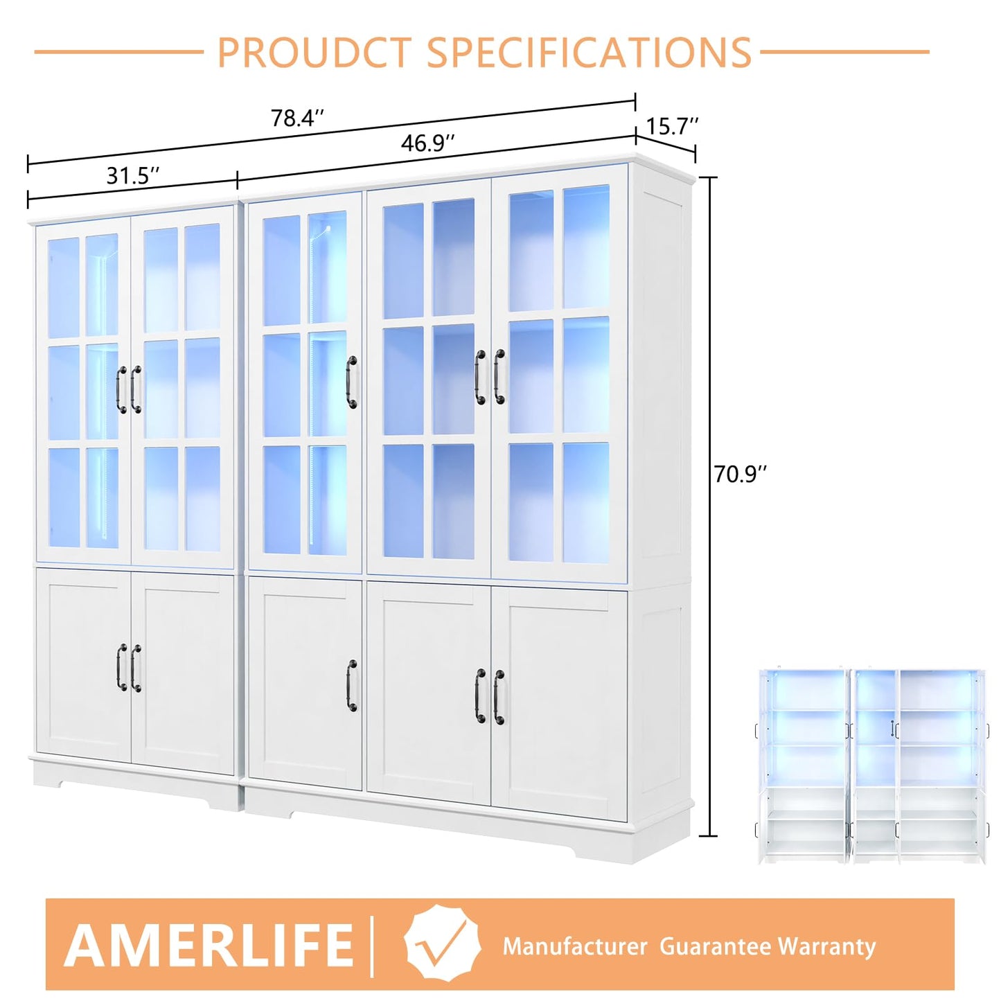 AMERLIFE Storage Cabinet Sets with LED Lights, 71" Tall Large Modern Wood Kitchen Pantry with Acrylic Glass Doors & Shelves, Display Cabinet for Living room, Dining room, Bathroom, 6+4 Doors White