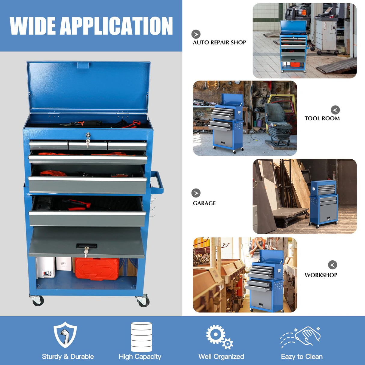 AIRAJ PRO Rolling Tool Chest with Wheels,8-Drawer Large Tool Storage Cabinet with 10 Hooks & 8 Tool Box Organizer & 2 Keys,Detachable High Capacity Tool Chest for Workshop Mechanics Garage AIRAJ PRO