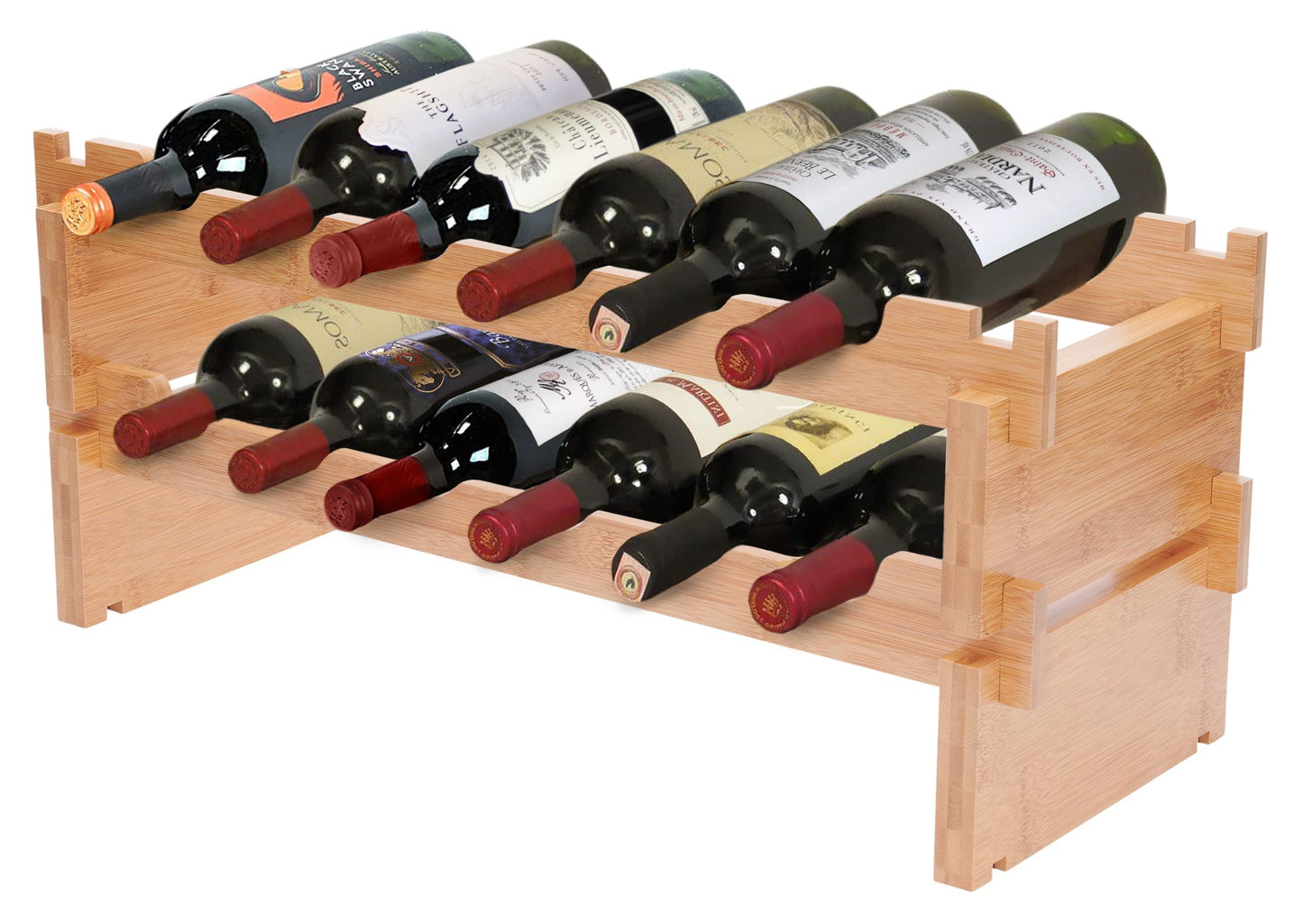 Modular Stackable Bamboo Wooden Wine Rack; Easy to Assemble & Add Levels; Bottles Rest Slanting Downwards to Keep Corks Moist; for Kitchen, Pantry, Cellar Storage (12 Bottle Capacity, 6 x 2 R - WoodArtSupply