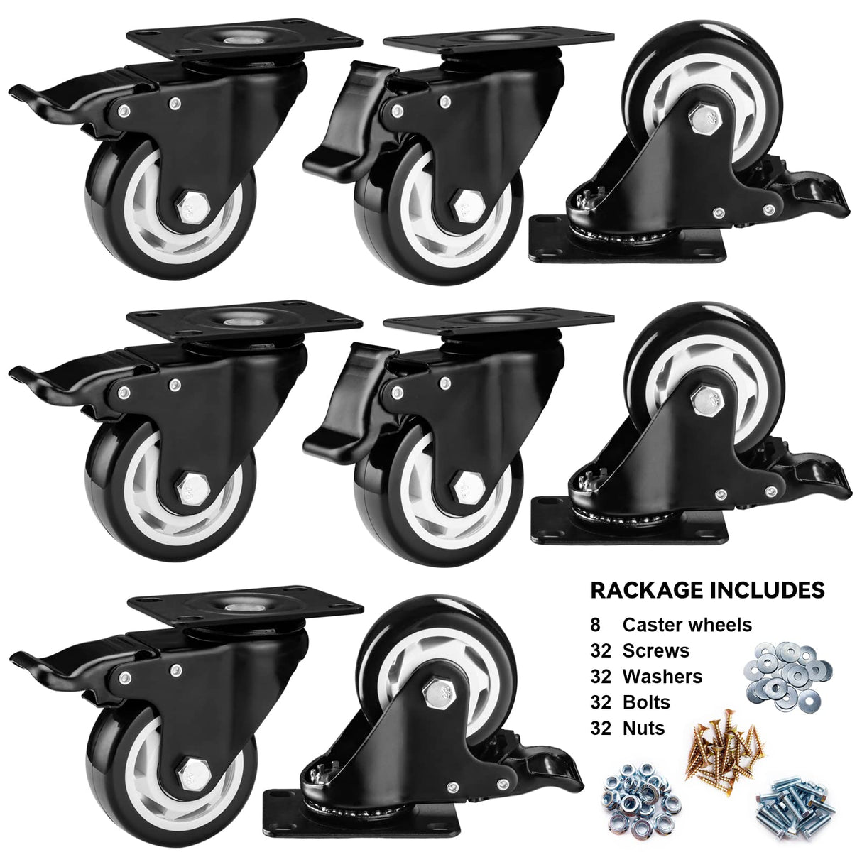 Caster Wheels - 3 Inch Casters Set of 8 Heavy Duty, BOSGEOT Locking Industrial Casters with 360 Degree No Noise Polyurethane Wheels, Swivel Plate Casters with Brake - Pack of 8 BOSGEOT