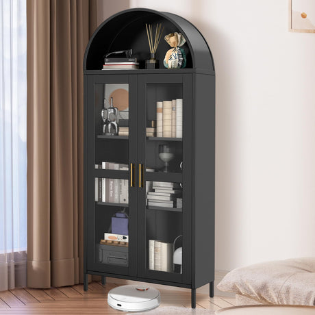 IDEALHOUSE 73In Tall Metal Arched Cabinet, Metal Storage Cabinet with 2 Adjustable Shelves,Modern Kitchen Pantry with Glass Door,Versatile Cupboard for Living/Dinning Room,Assembly Required Black IDEALHOUSE