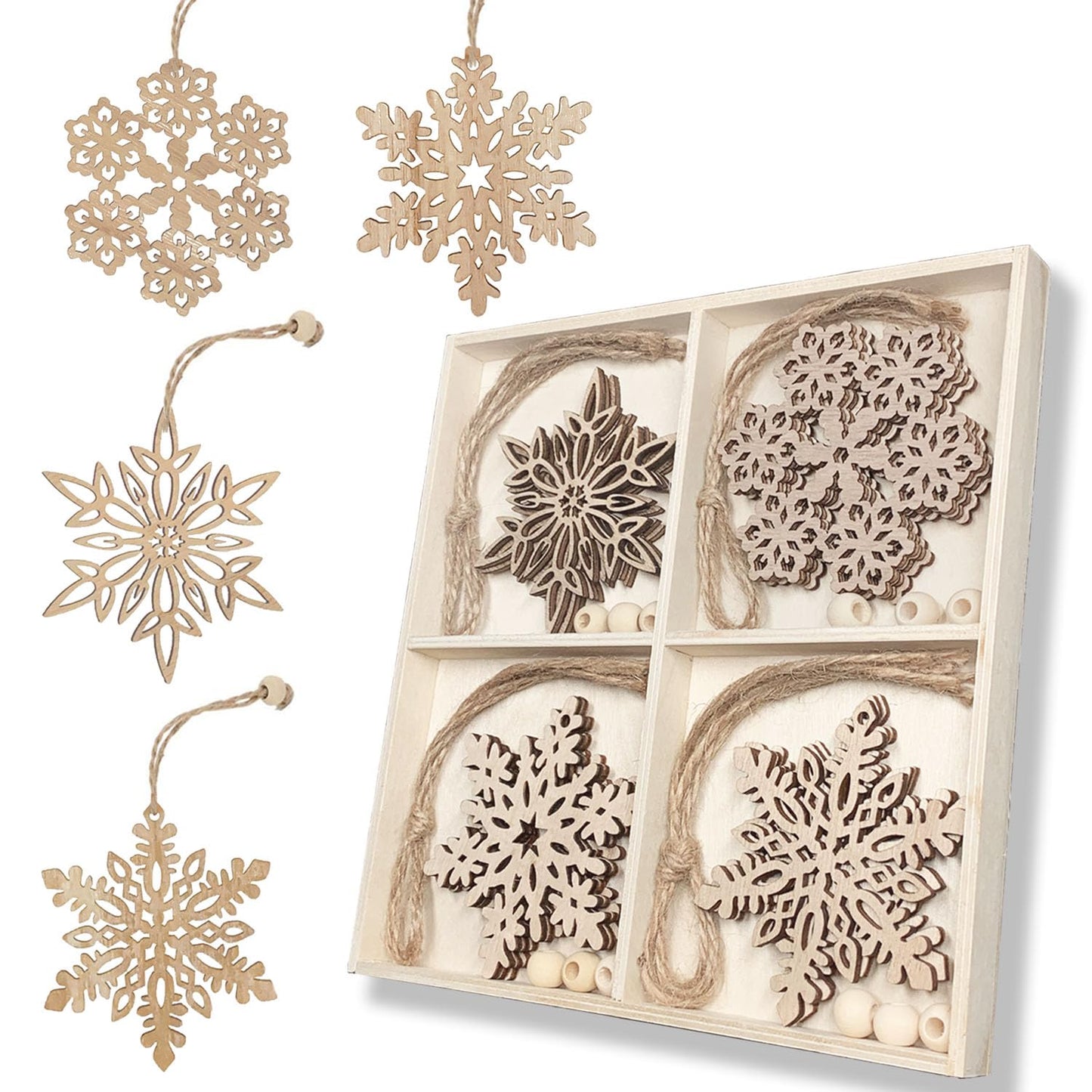 12 Pcs Wooden Snowflakes Ornaments 3 inch Christmas Wood Snowflake Hanging Decorations with Twine, Unfinished Rustic Farmhouse Bulk Cutouts for DIY Painting Xmas Tree Crafts Decor