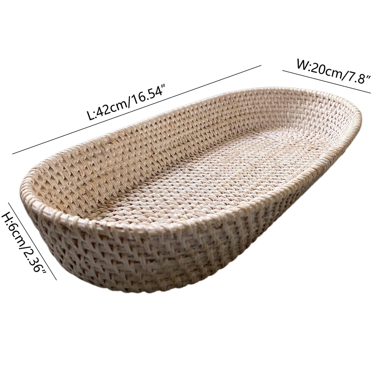 i-lan 17 Inch Long Narrow Oval Serving Basket, Boho Handmade Rattan Bowl Basket with 2 Inch Side,Decorative Loaf,Bread,Rolls,Fruit,Snack Flat Basket Wicker Tray for Serving, Wash White i-lan
