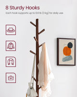 VASAGLE Solid Wood Coat Rack, Free Standing Hall Coat Tree with 8 Hooks, 3 Height Options, for Coats, Hats, Bags, Purses, for Entryway, Hallway, Rubberwood Hooks and Pole, Dark Walnut URCR010W01 VASAGLE