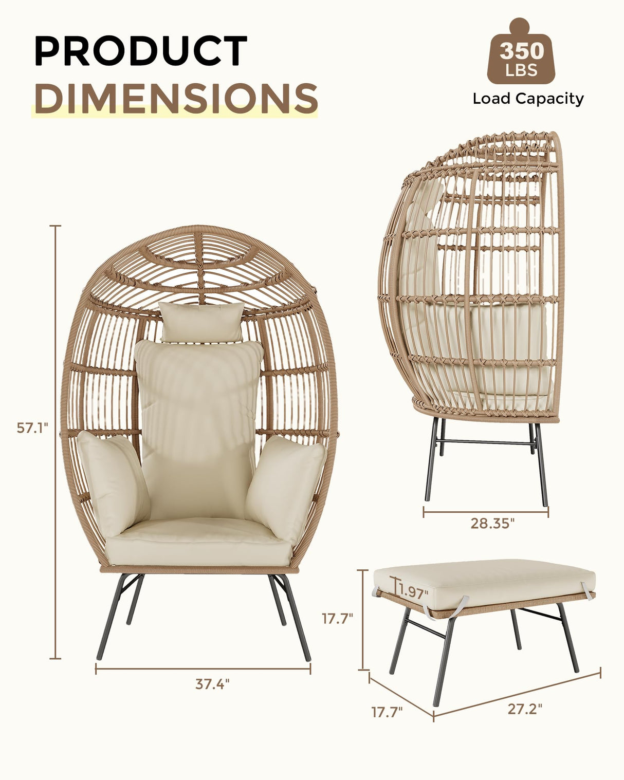 GarveeLife Oversize Wicker Egg Chair with Ottoman, Egg Basket Lounge Chair with Thick Cushion, Comfy Egg Rattan Seat for Indoor Outdoor Patio Porch Backyard, Beige GarveeLife