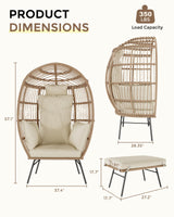 GarveeLife Oversize Wicker Egg Chair with Ottoman, Egg Basket Lounge Chair with Thick Cushion, Comfy Egg Rattan Seat for Indoor Outdoor Patio Porch Backyard, Beige GarveeLife