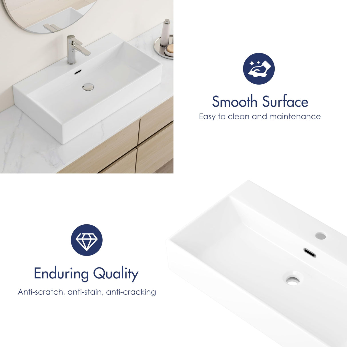 Eridanus Bathroom Sink 30" x 16" Rectangular Vessel Sink, Wall Mount Above Counter Vanity Sink, Premium Ceramic White Art Basin with Overflow, Lavatory Trough Floating Washbasin Eridanus