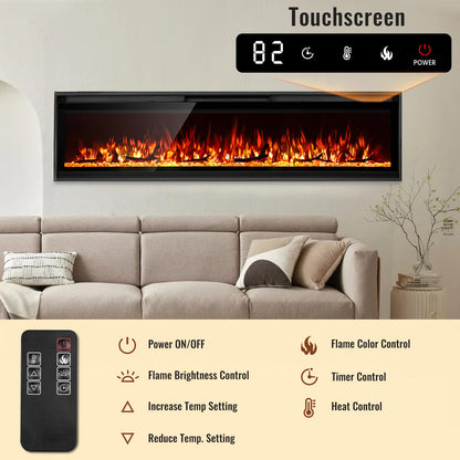 TUAN 60 inch Electric Fireplace Inserts, Ultra Thin Wall Mounted Fireplace with Remote Control, Multicolor Realistic Flame, Touch Screen, Thermostat, Timer, 750w/1500w (Log & Crystal Included) (60")