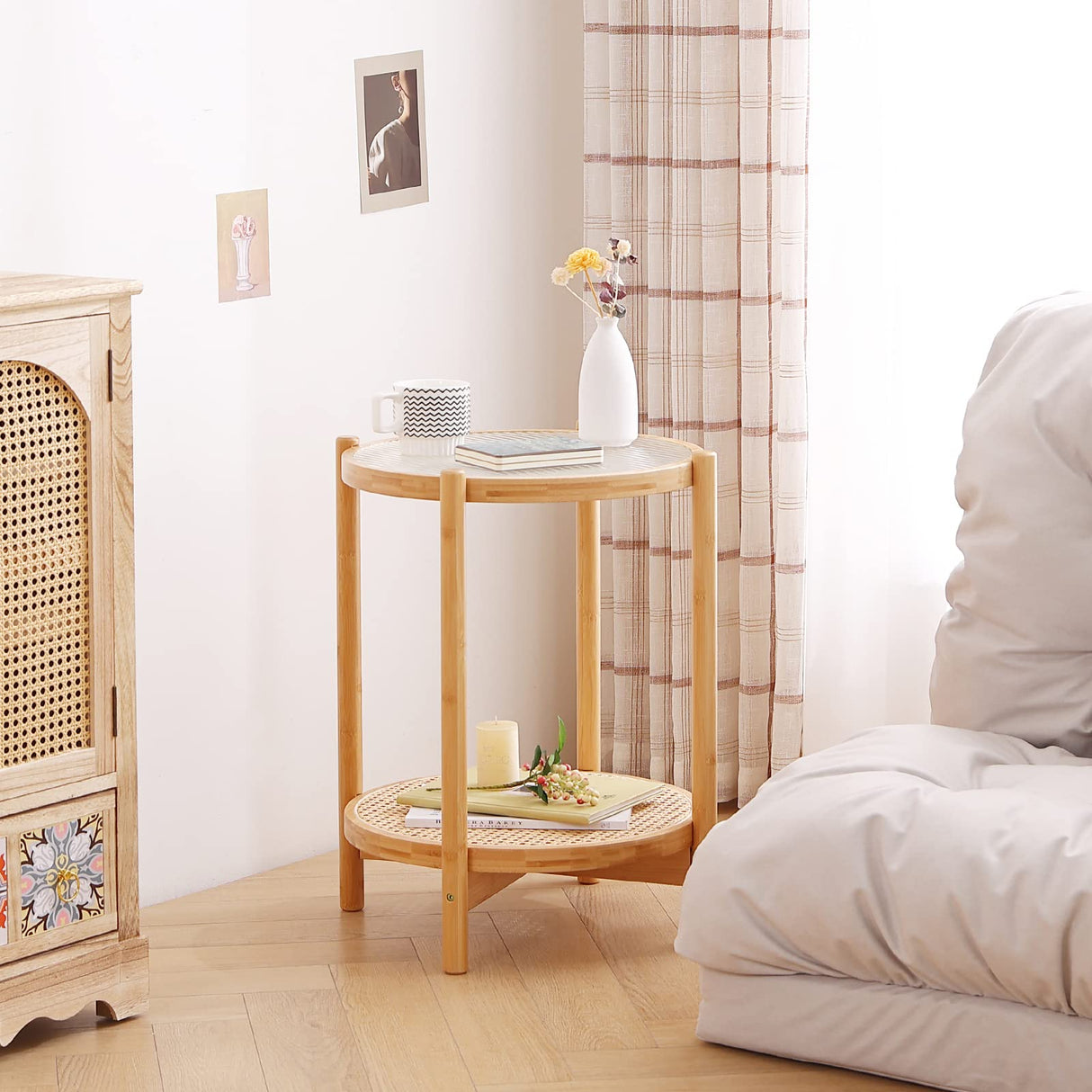 Tiita Rattan Coffee Table, Round End Table, 19.7Inch Modern Side Table, Small Bamboo Living Room Side Table, Glass Sofa End Table for Balcony and Office Outdoor/Indoor (Horizontal Stripe) Tiita