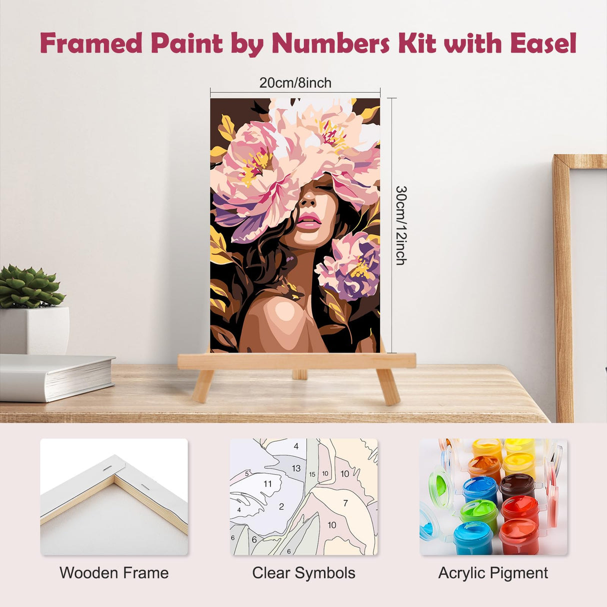 MOGTAA Flowers Girls Paint by Numbers Kit for Adults Beginners with Frame, Adult Paint by Number Kits on Canvas with Easel, Easy DIY Oil Painting Kits for Home Decor, 8x12in MOGTAA